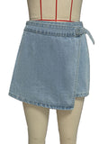 Asymmetric Wrap Front Denim Mini Skirt - Blue