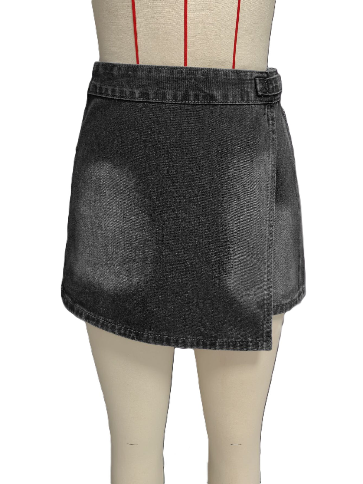 Asymmetric Wrap Front Denim Mini Skirt - Grey