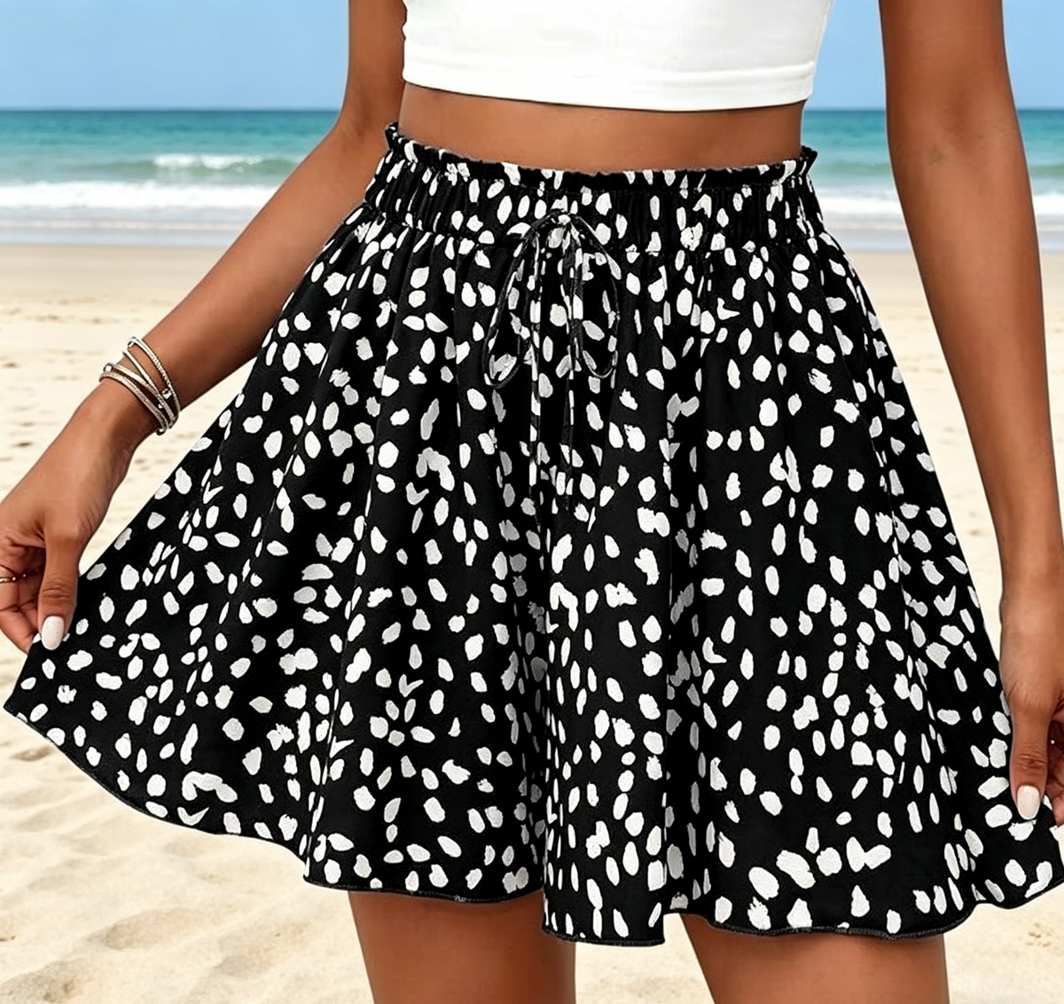 High Waist Flowy Wide Leg Beach Shorts - Black - 3
