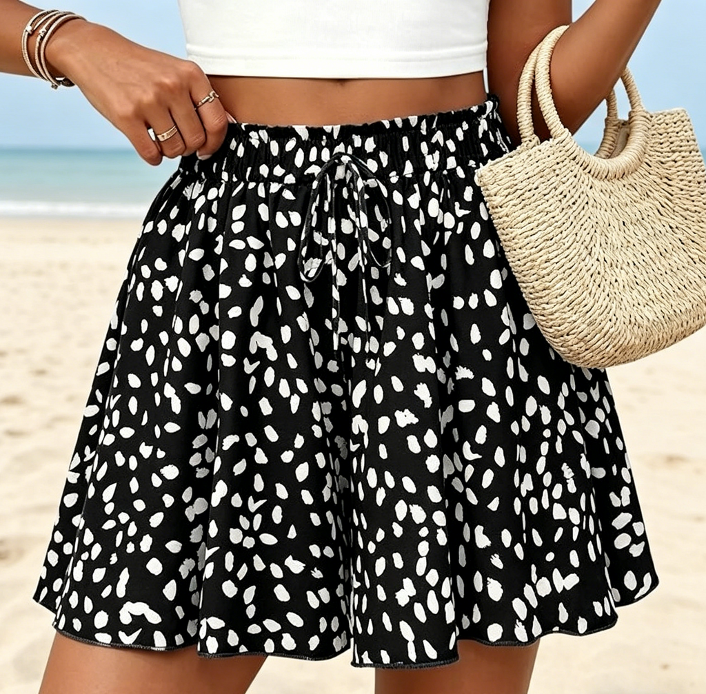 High Waist Flowy Wide Leg Beach Shorts - Black - 4