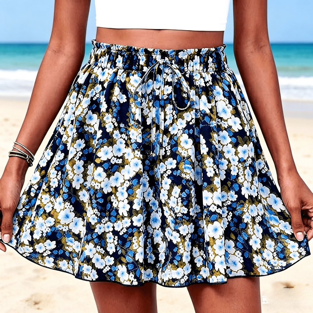 High Waist Flowy Wide Leg Beach Shorts - Blue