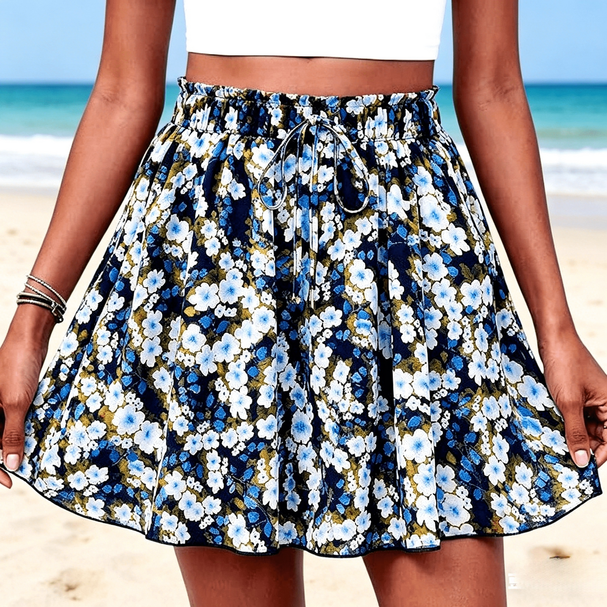 High Waist Flowy Wide Leg Beach Shorts - Blue