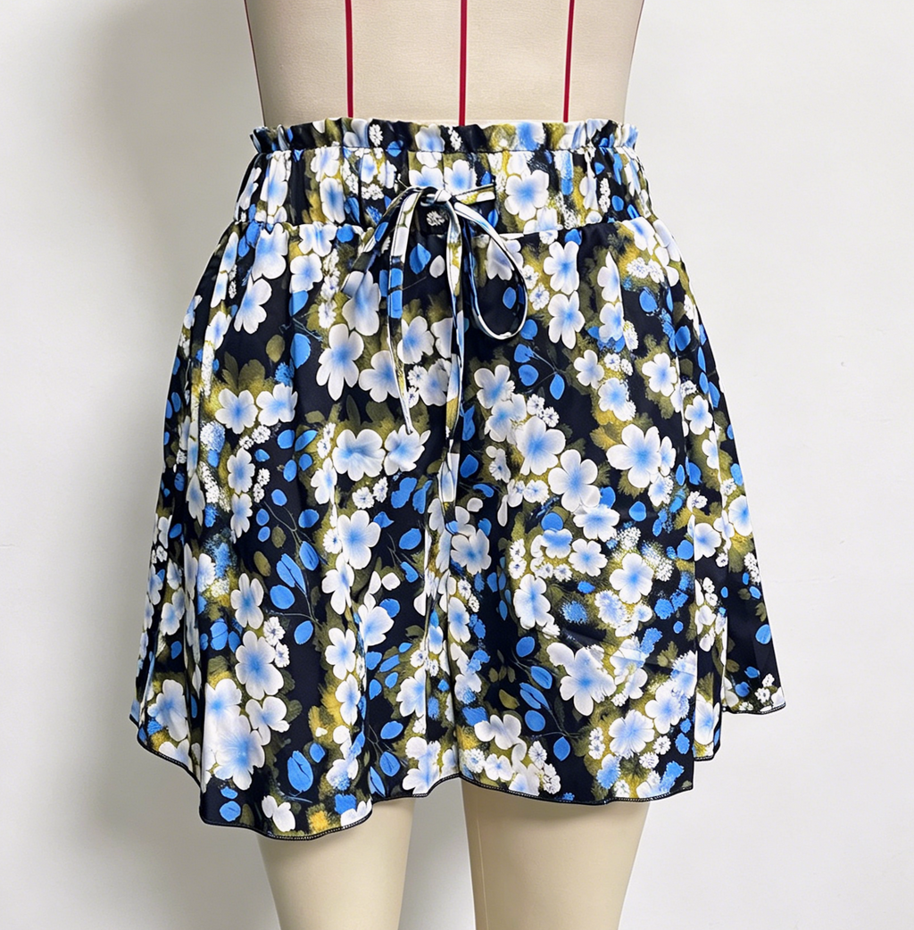 High Waist Flowy Wide Leg Beach Shorts - Blue - 1