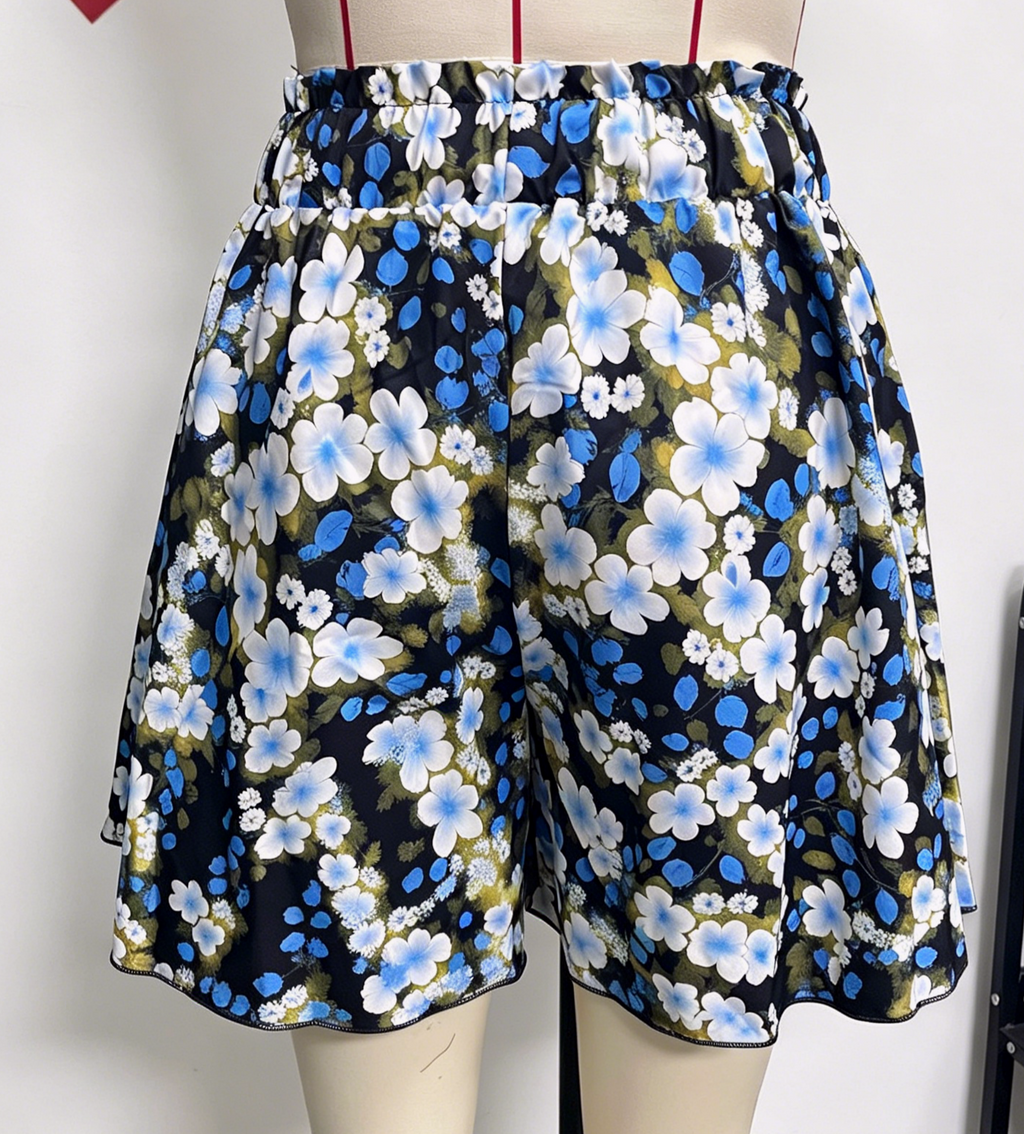High Waist Flowy Wide Leg Beach Shorts - Blue - 3