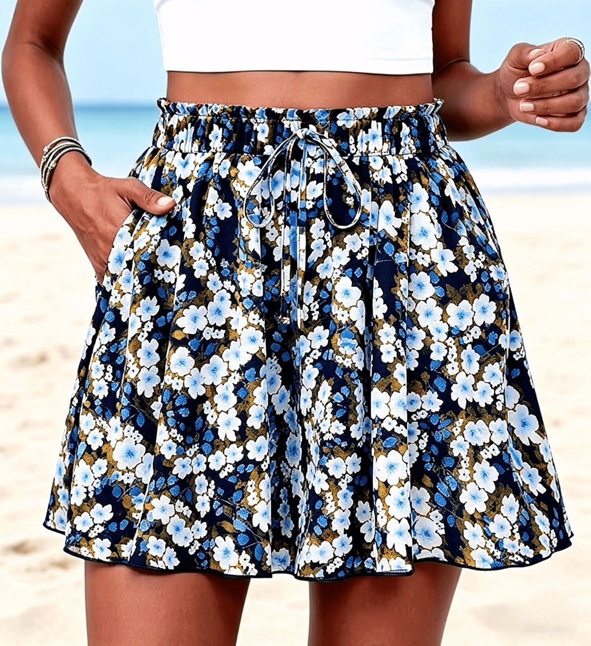 High Waist Flowy Wide Leg Beach Shorts - Blue - 4