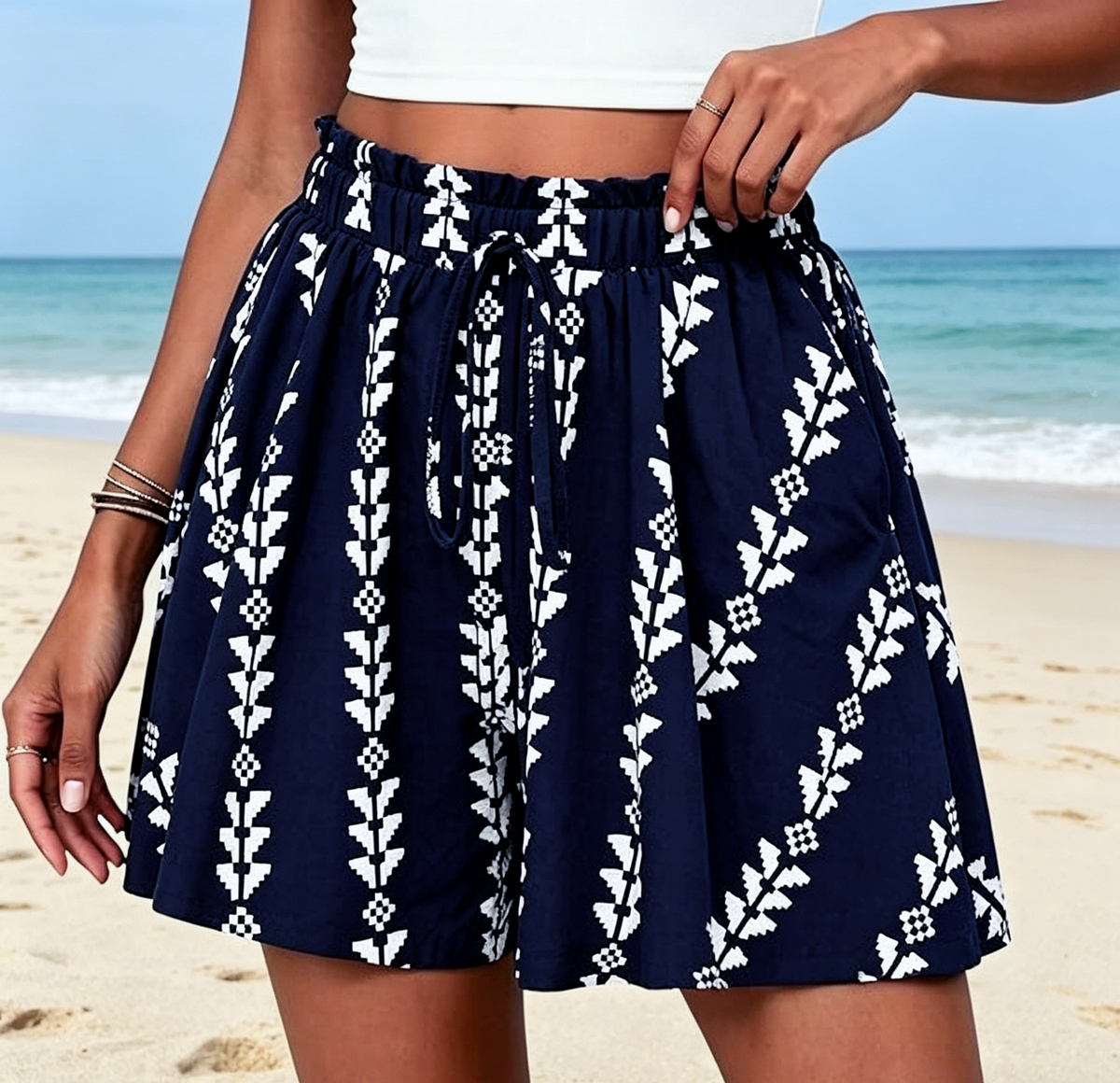 High Waist Flowy Wide Leg Beach Shorts - NavyBlue