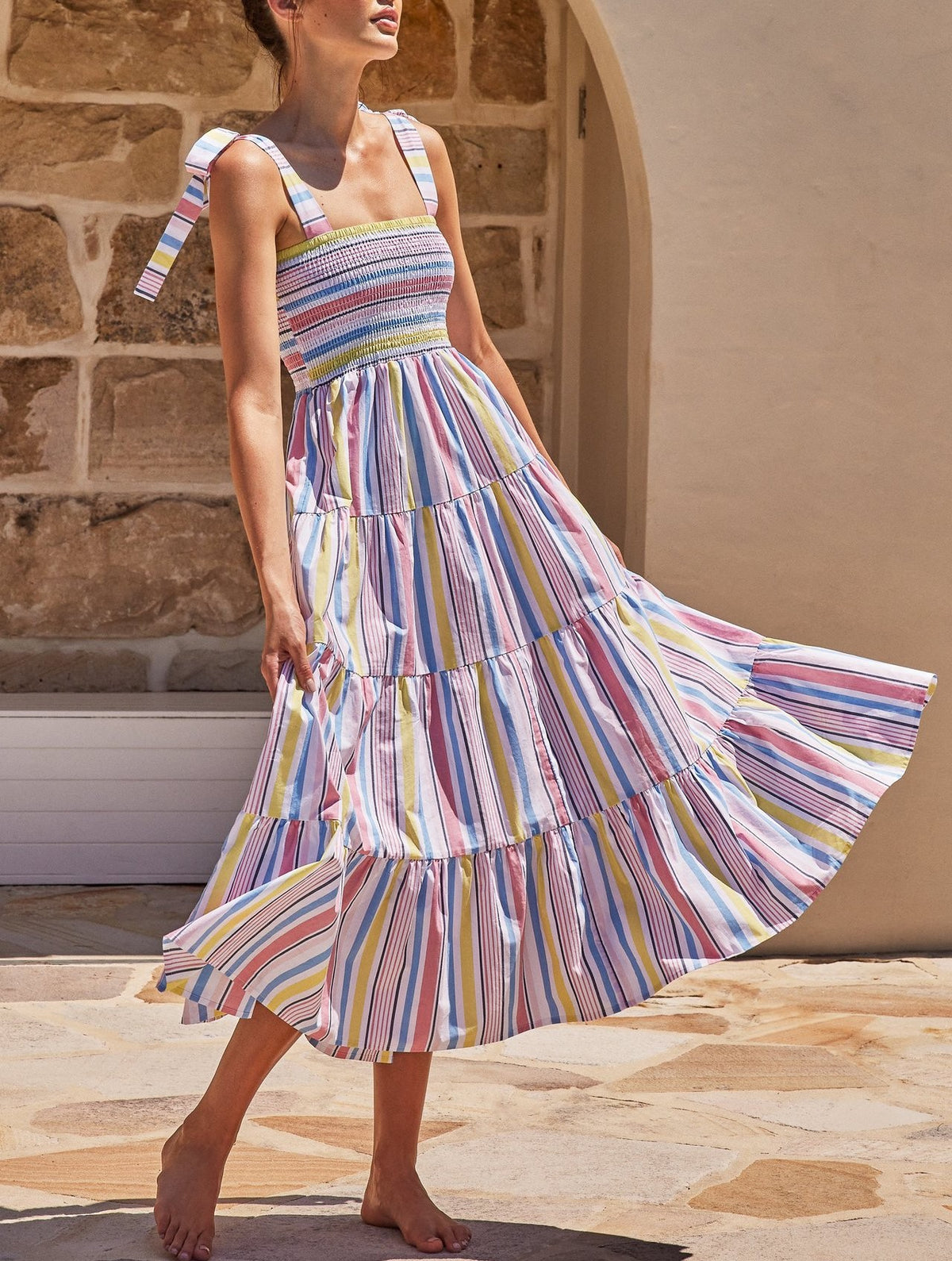 Rainbow Stripe Smocked Tiered Midi Dress - Colorful