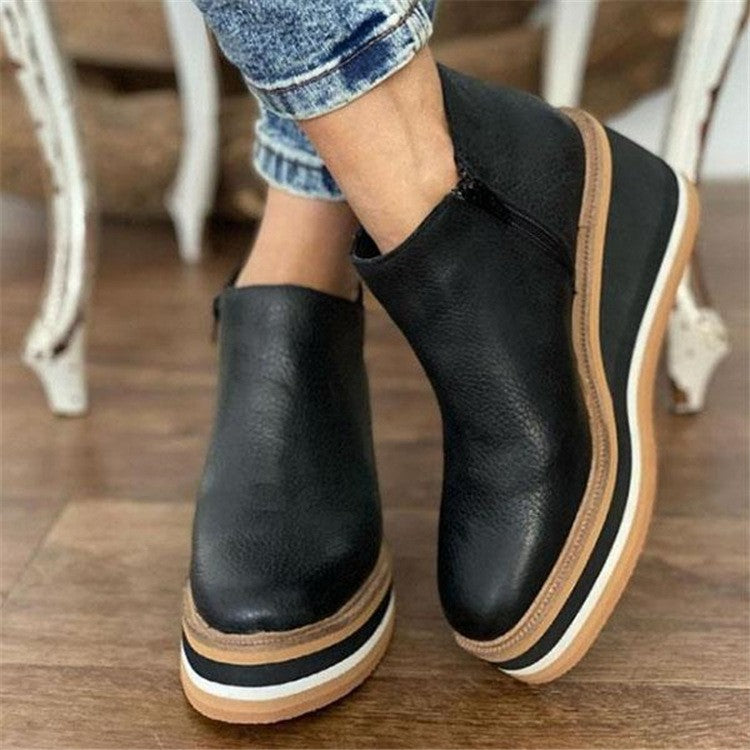 Platform Wedge Side Zip Ankle Booties - Black