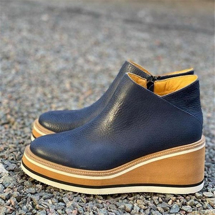 Platform Wedge Side Zip Ankle Booties - Navy
