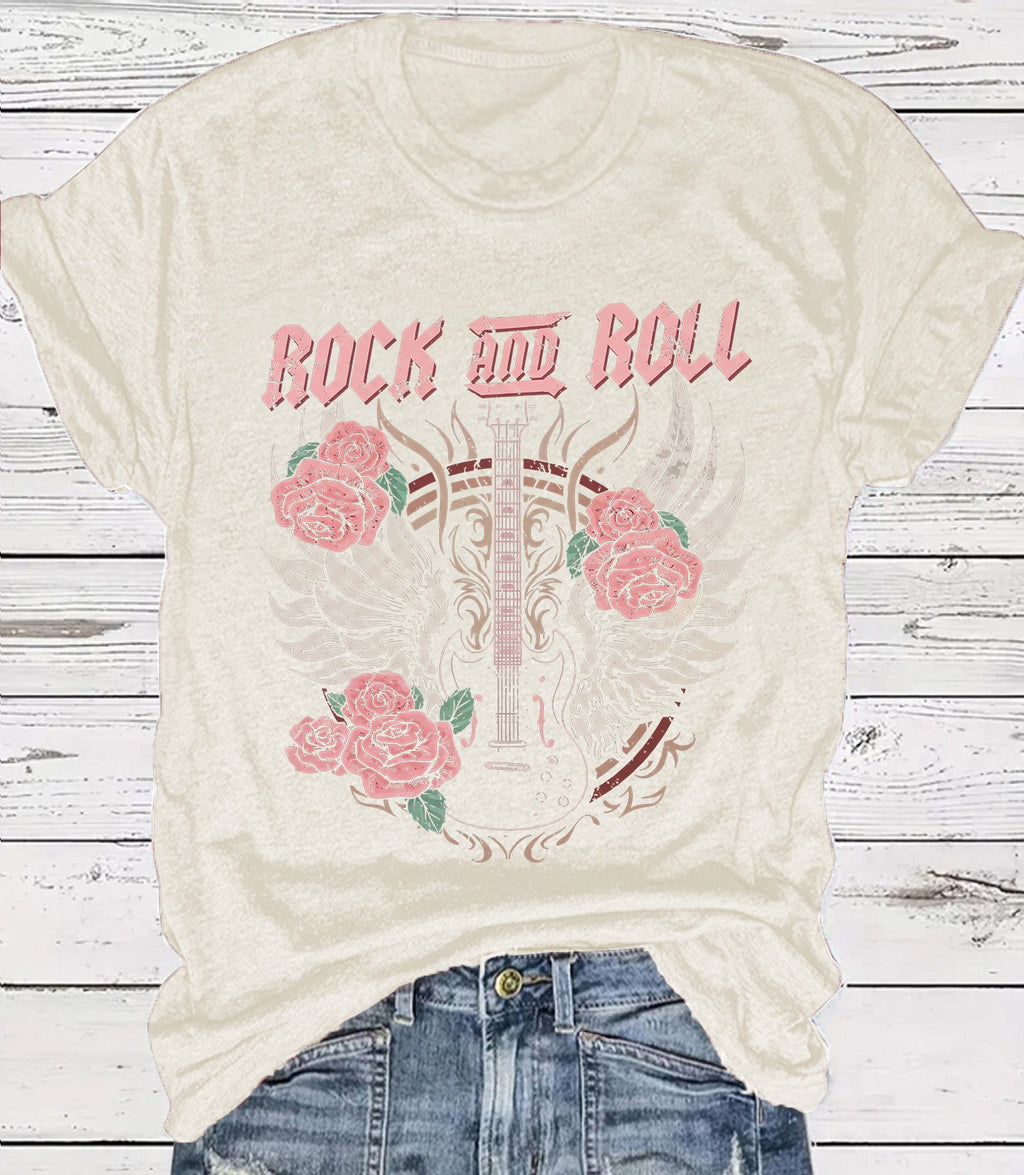 Vintage Rock Skull Graphic Crew Neck T-Shirt - Apricot