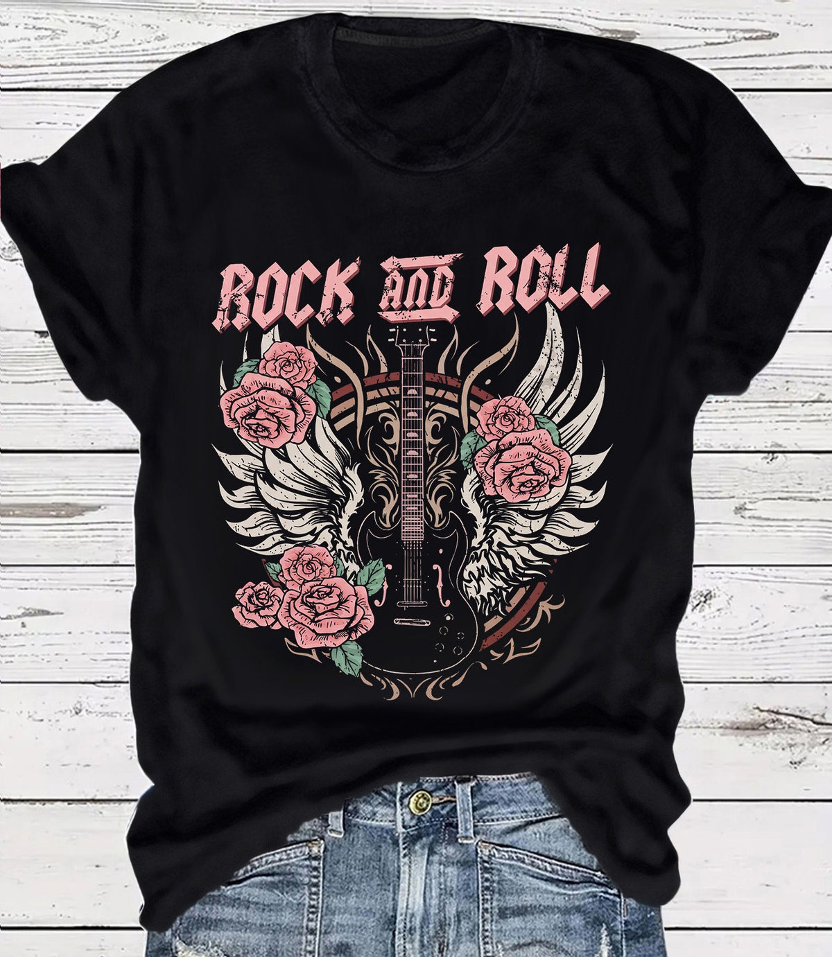 Vintage Rock Skull Graphic Crew Neck T-Shirt - Black