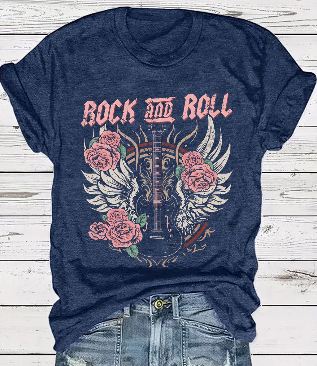 Vintage Rock Skull Graphic Crew Neck T-Shirt - Blue