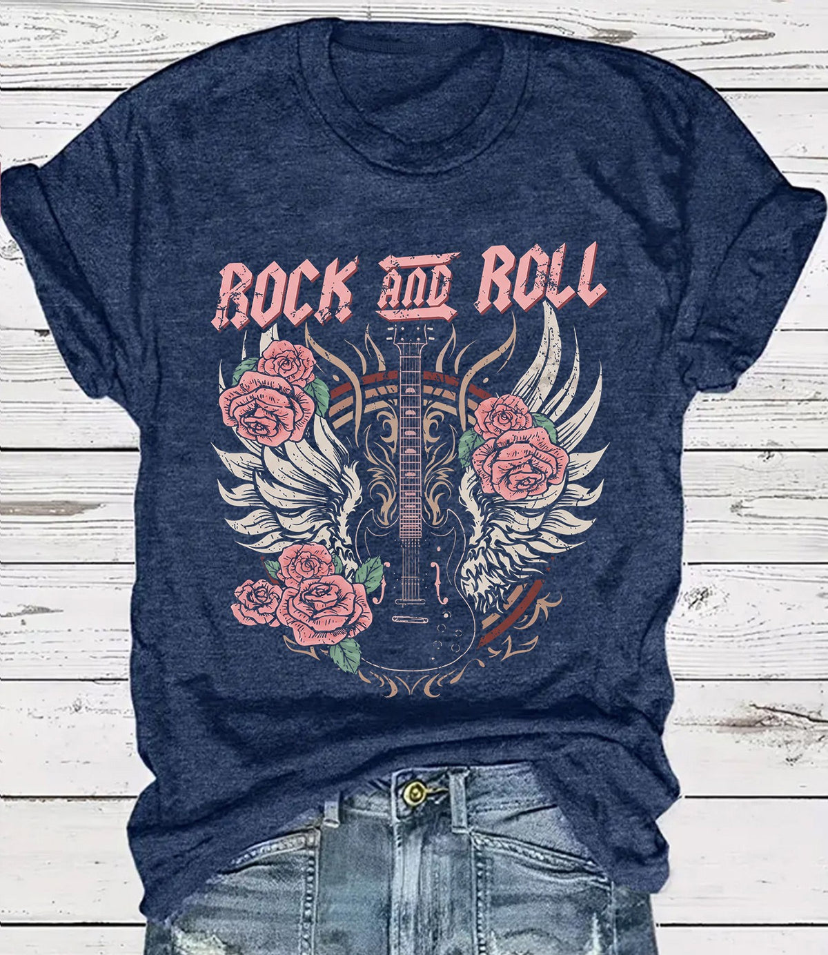 Vintage Rock Skull Graphic Crew Neck T-Shirt - Blue