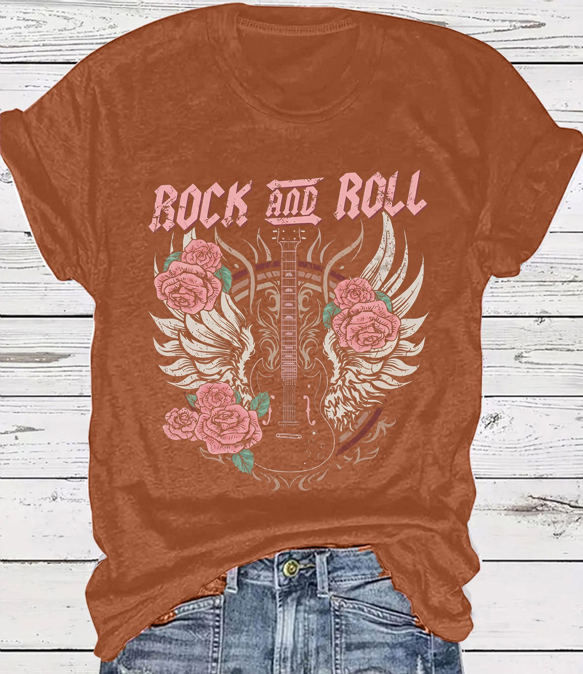 Vintage Rock Skull Graphic Crew Neck T-Shirt - Brown