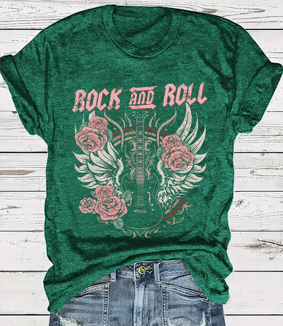 Vintage Rock Skull Graphic Crew Neck T-Shirt - Green