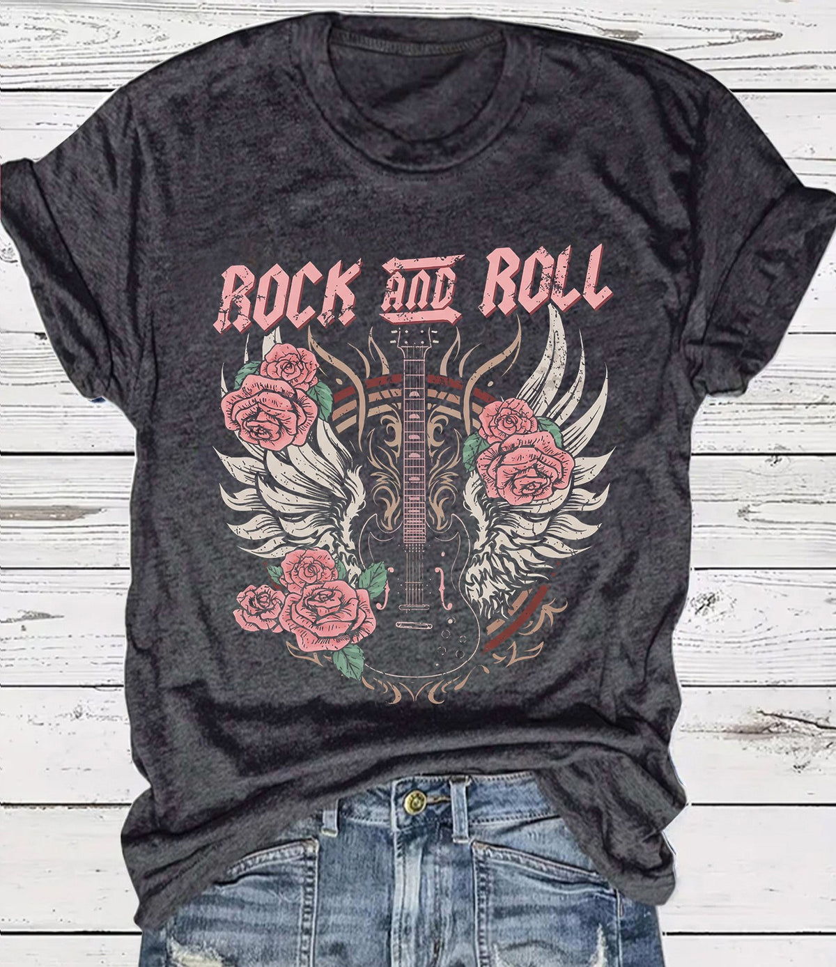 Vintage Rock Skull Graphic Crew Neck T-Shirt - Greyblack