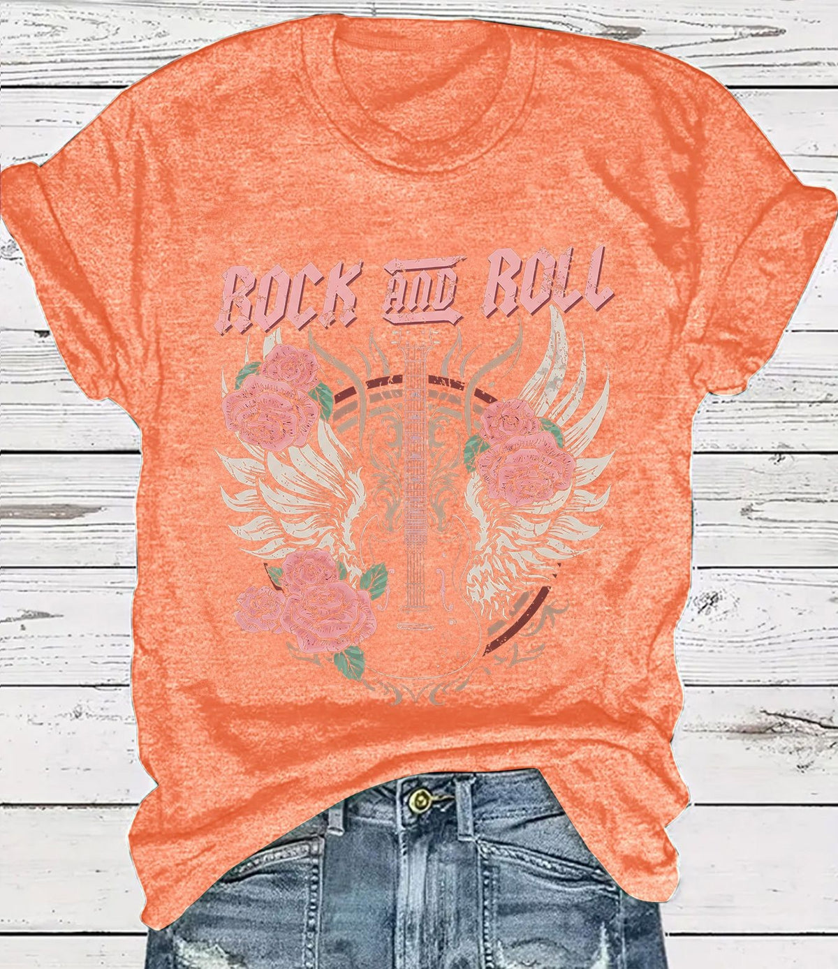 Vintage Rock Skull Graphic Crew Neck T-Shirt - Orange