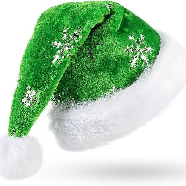Green Plush Snowflake Sequin Christmas Beanie - Green - 3