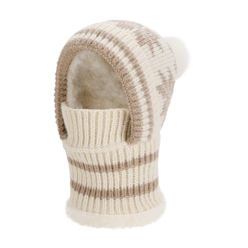 Snowflake Knit Pom Pom Balaclava Fleece Lined Hood - Beige