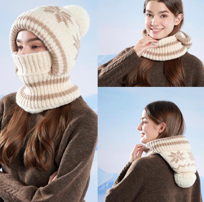 Snowflake Knit Pom Pom Balaclava Fleece Lined Hood - Beige - 1