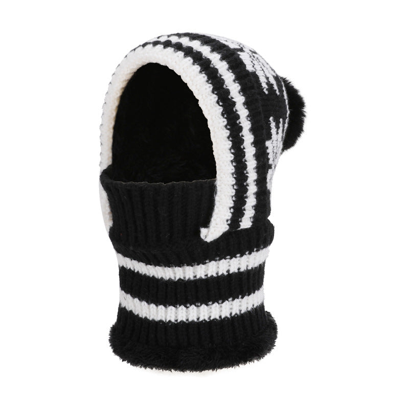 Snowflake Knit Pom Pom Balaclava Fleece Lined Hood - Black