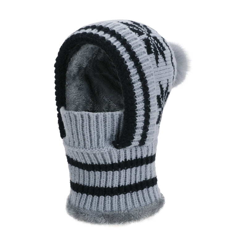 Snowflake Knit Pom Pom Balaclava Fleece Lined Hood - Grey