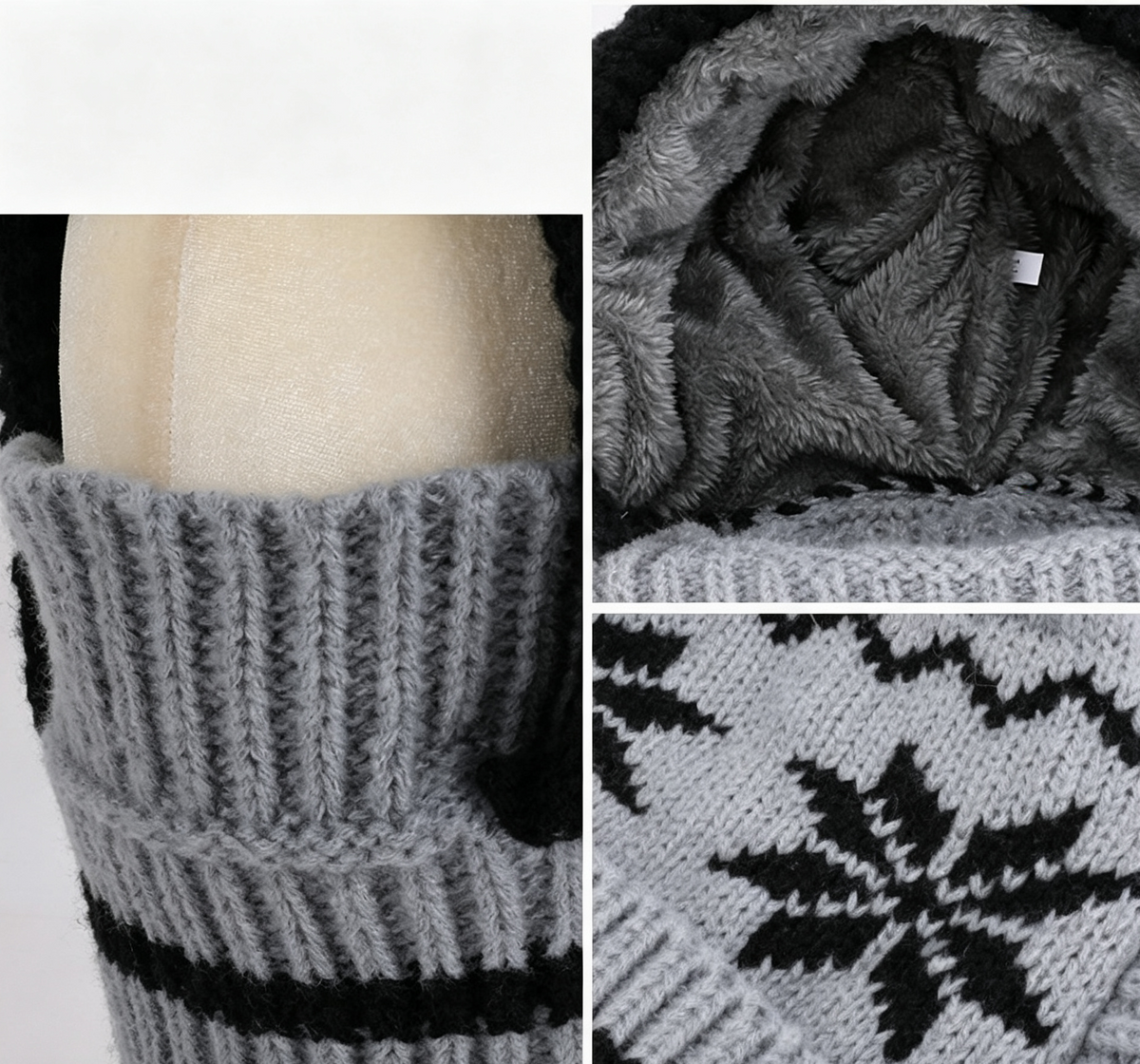 Snowflake Knit Pom Pom Balaclava Fleece Lined Hood - Grey - 1