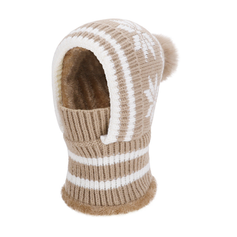 Snowflake Knit Pom Pom Balaclava Fleece Lined Hood - Khaki