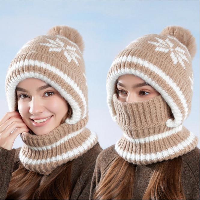Snowflake Knit Pom Pom Balaclava Fleece Lined Hood - Khaki - 1