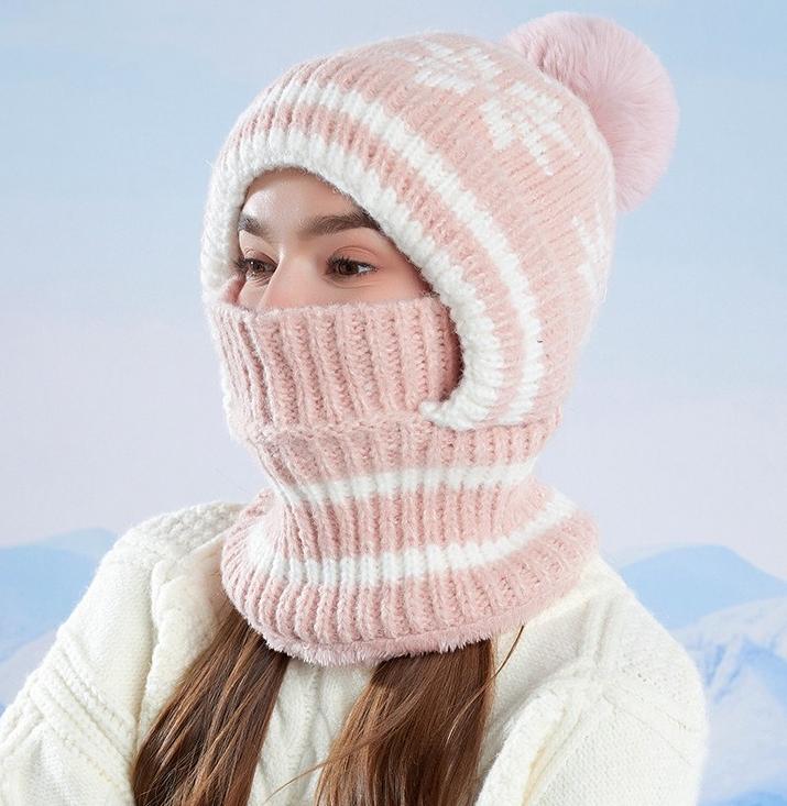 Snowflake Knit Pom Pom Balaclava Fleece Lined Hood - Pink