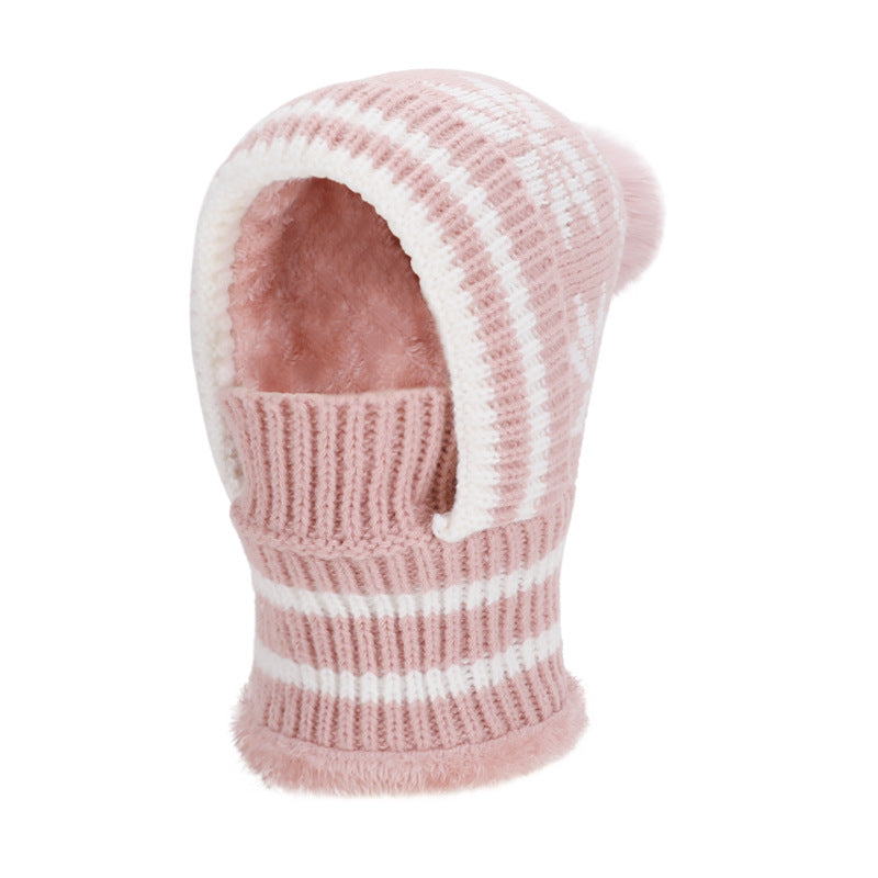 Snowflake Knit Pom Pom Balaclava Fleece Lined Hood - Pink - 1