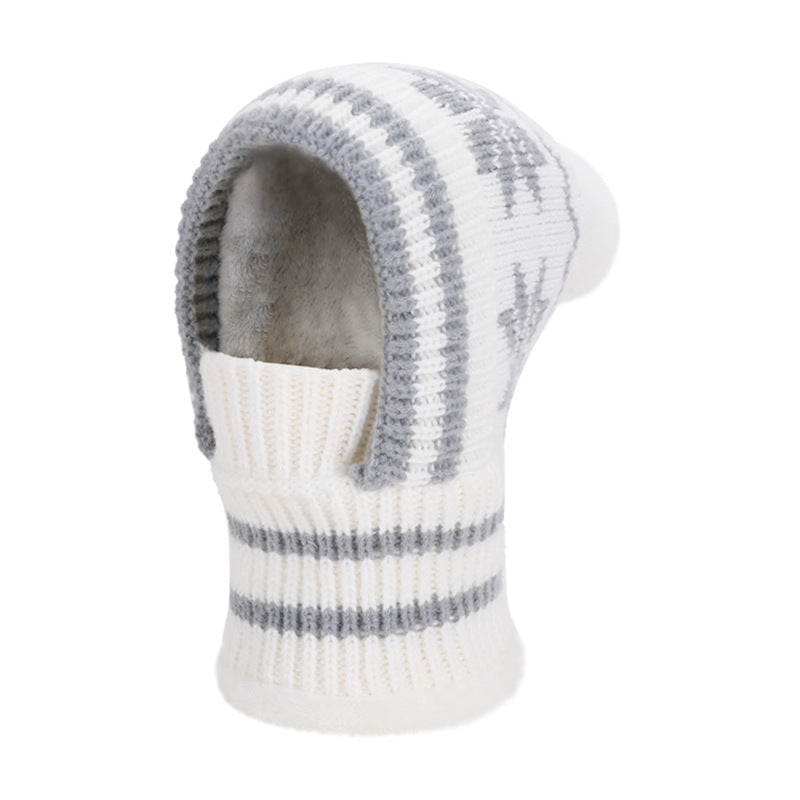 Snowflake Knit Pom Pom Balaclava Fleece Lined Hood - White