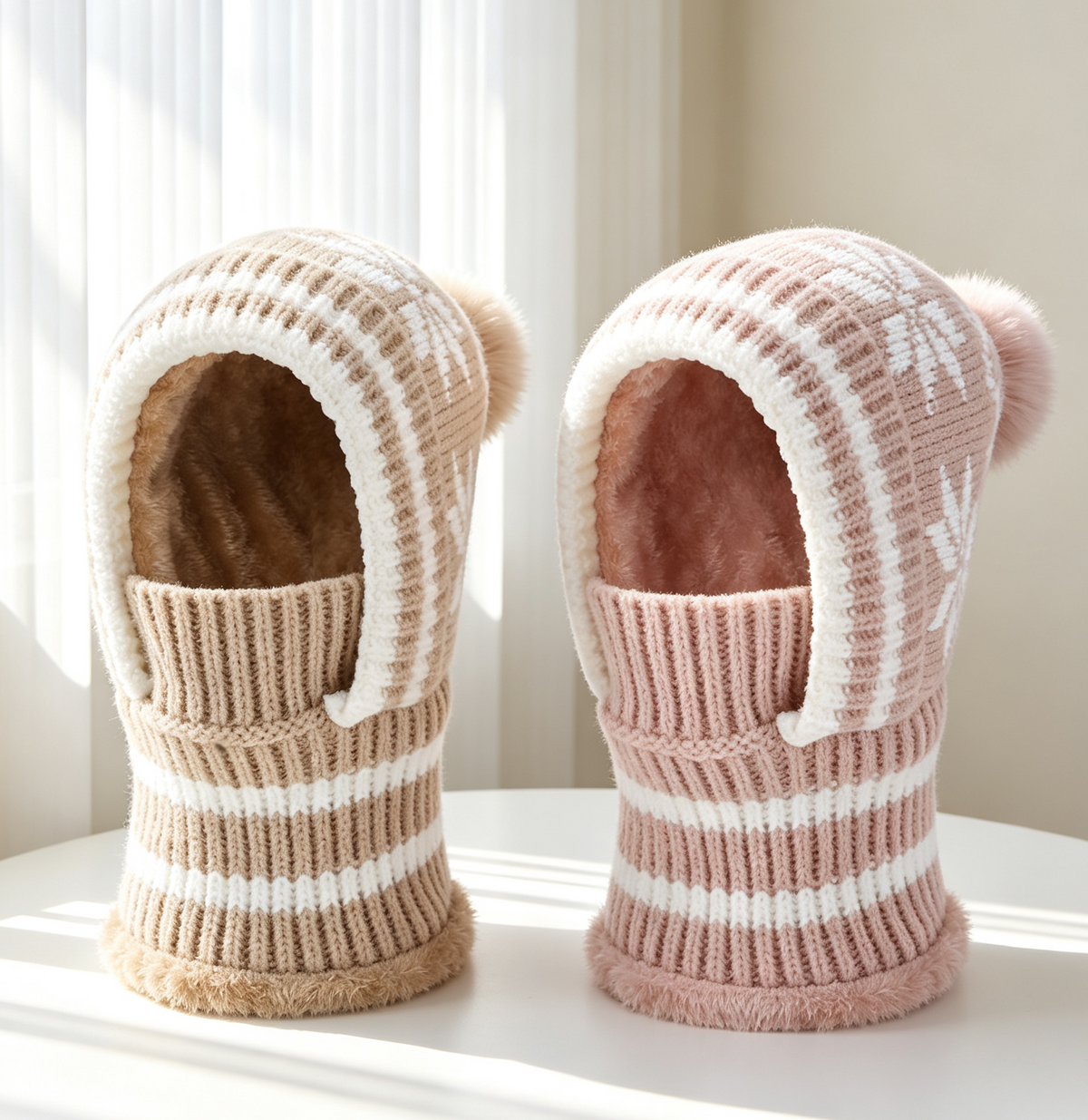 Snowflake Knit Pom Pom Balaclava Fleece Lined Hood