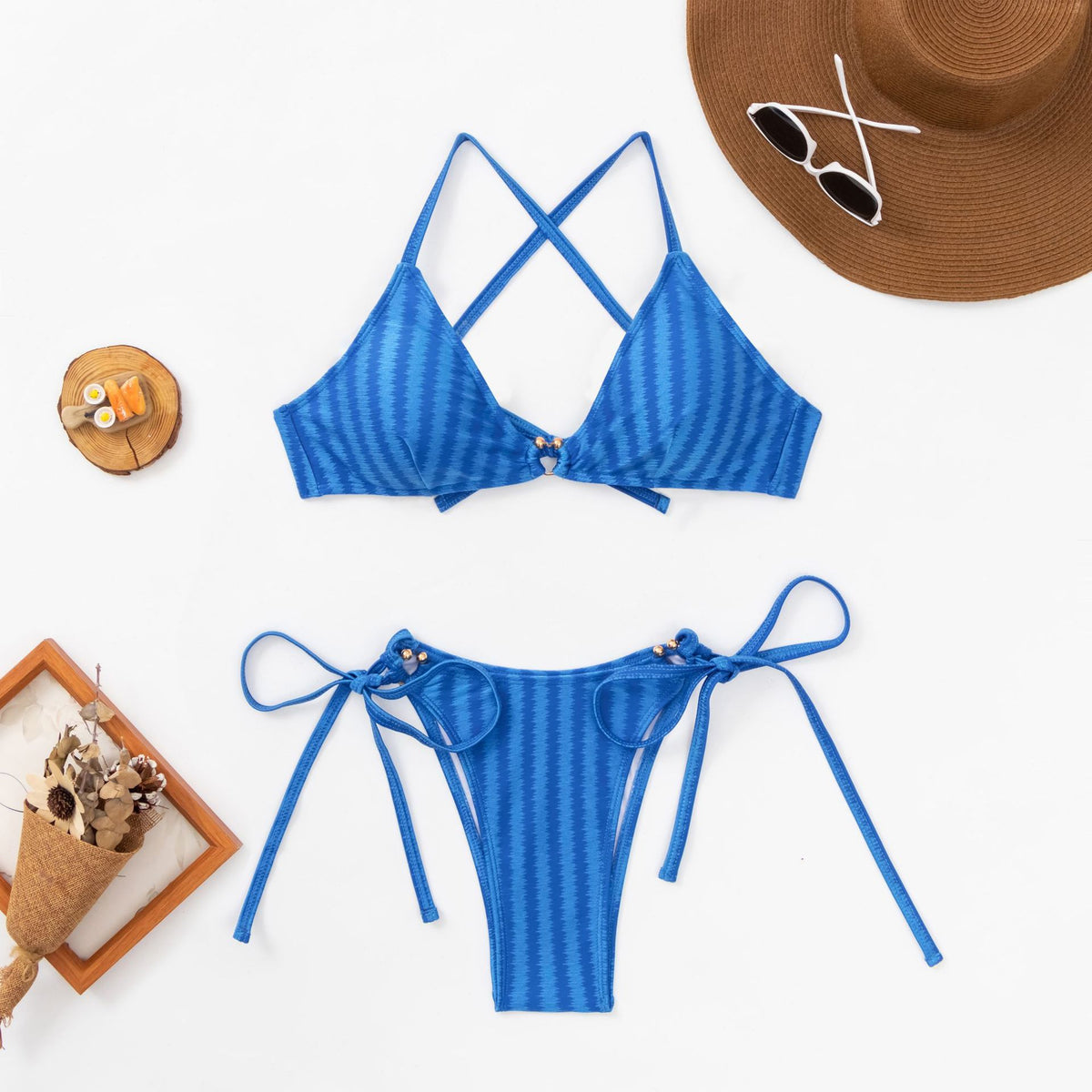 Textured Stripe Triangle Tie Bikini Set - Blue - 5