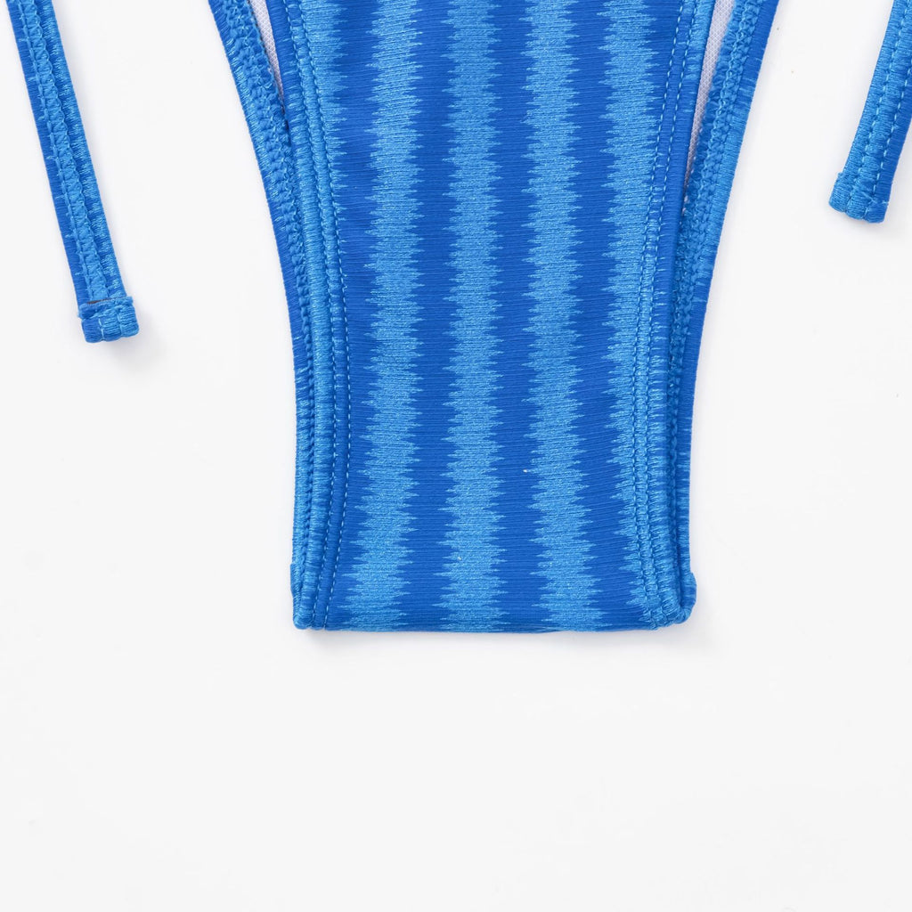 Textured Stripe Triangle Tie Bikini Set - Blue - 7