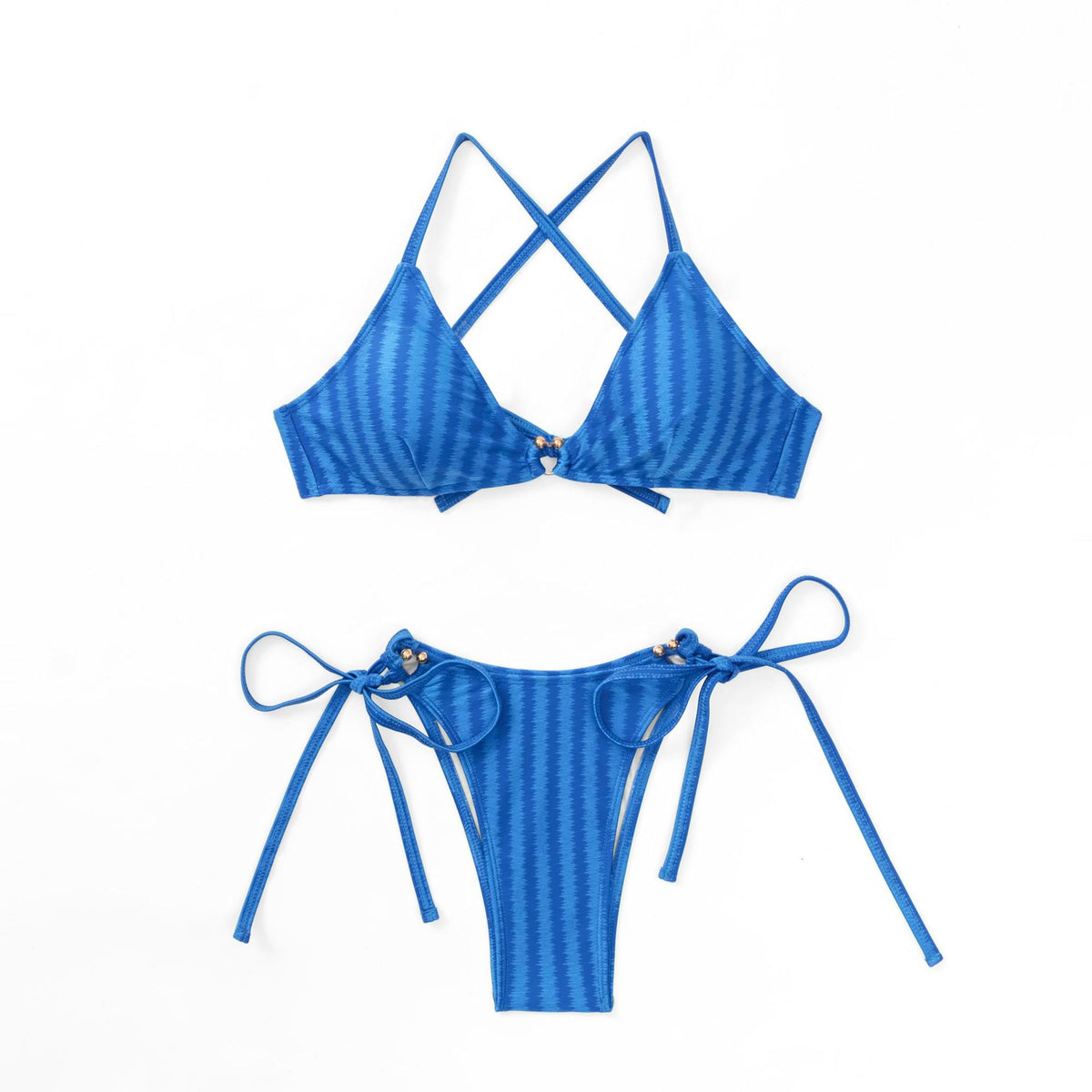 Textured Stripe Triangle Tie Bikini Set - Blue - 9