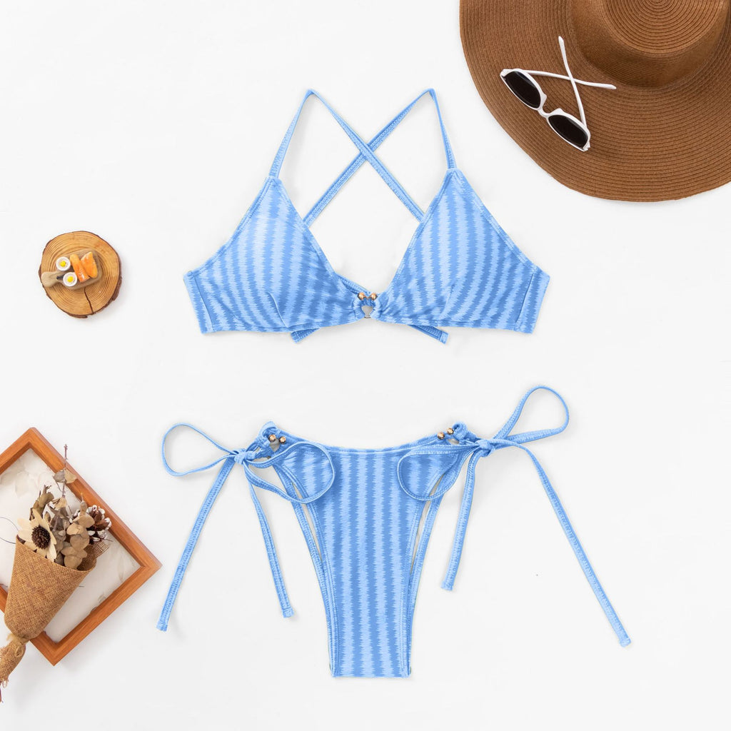 Textured Stripe Triangle Tie Bikini Set - LT-Blue - 4