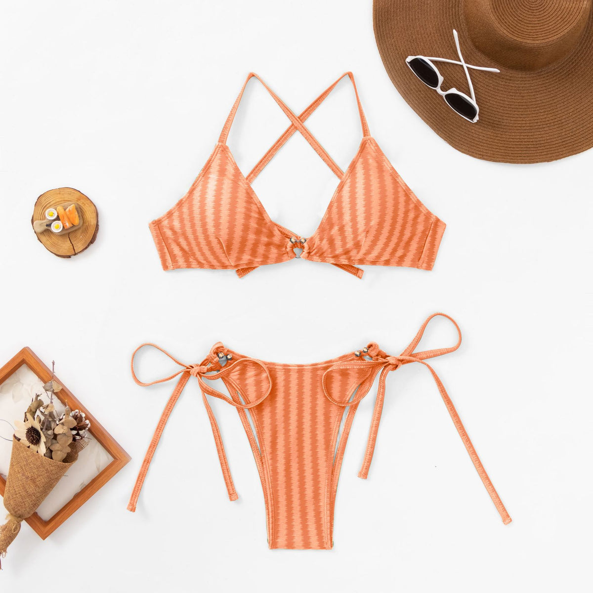 Textured Stripe Triangle Tie Bikini Set - Orange - 4