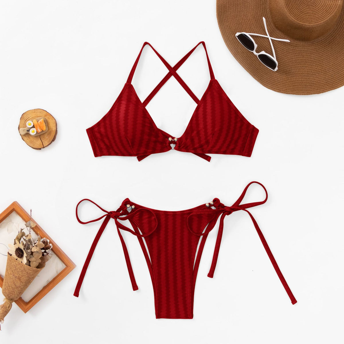 Textured Stripe Triangle Tie Bikini Set - Red - 4