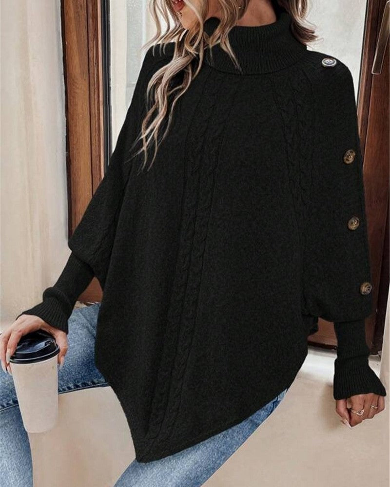 Draped Cable Knit Turtleneck Sweater - Black