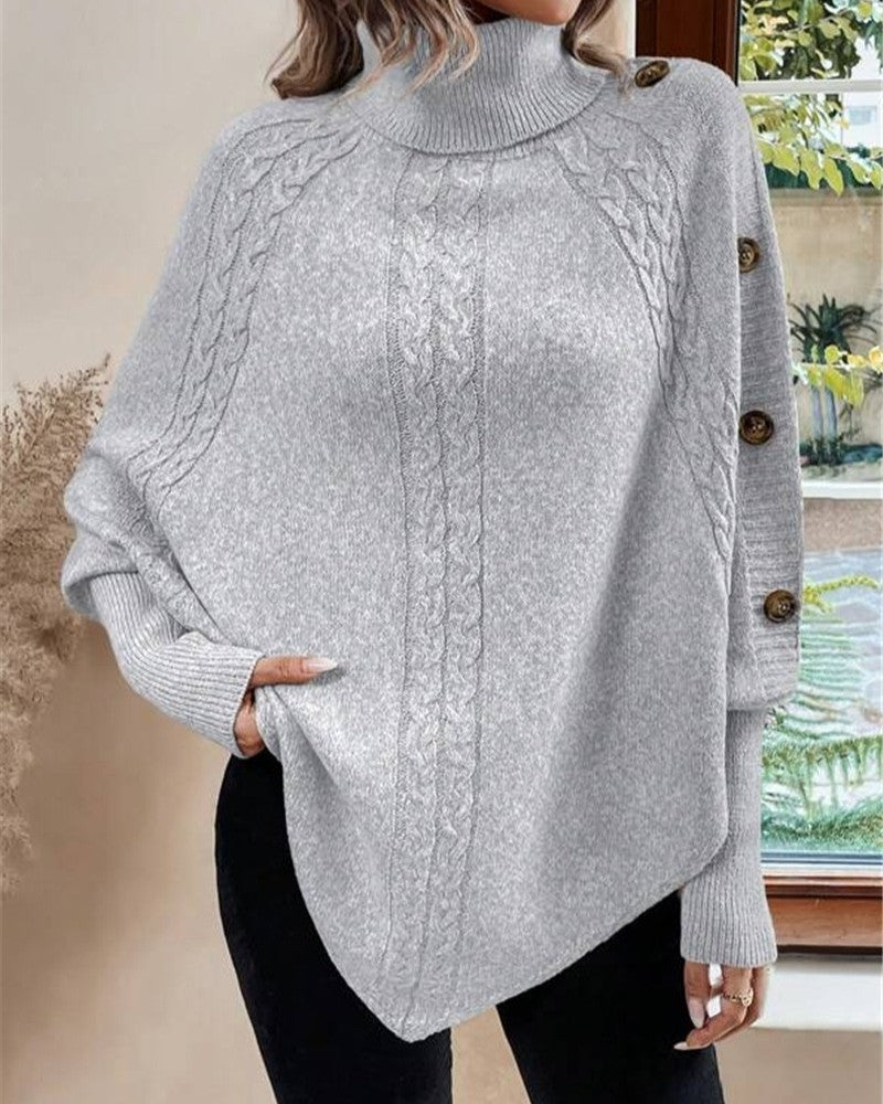 Draped Cable Knit Turtleneck Sweater - Gray