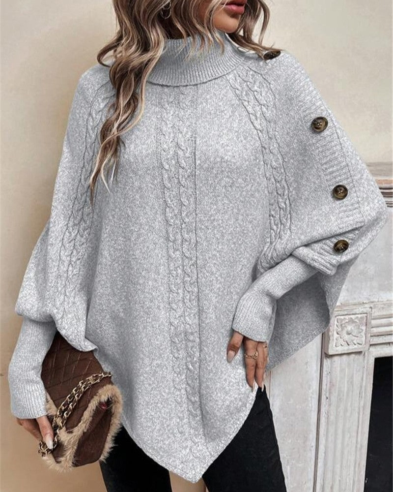Draped Cable Knit Turtleneck Sweater - Gray - 1