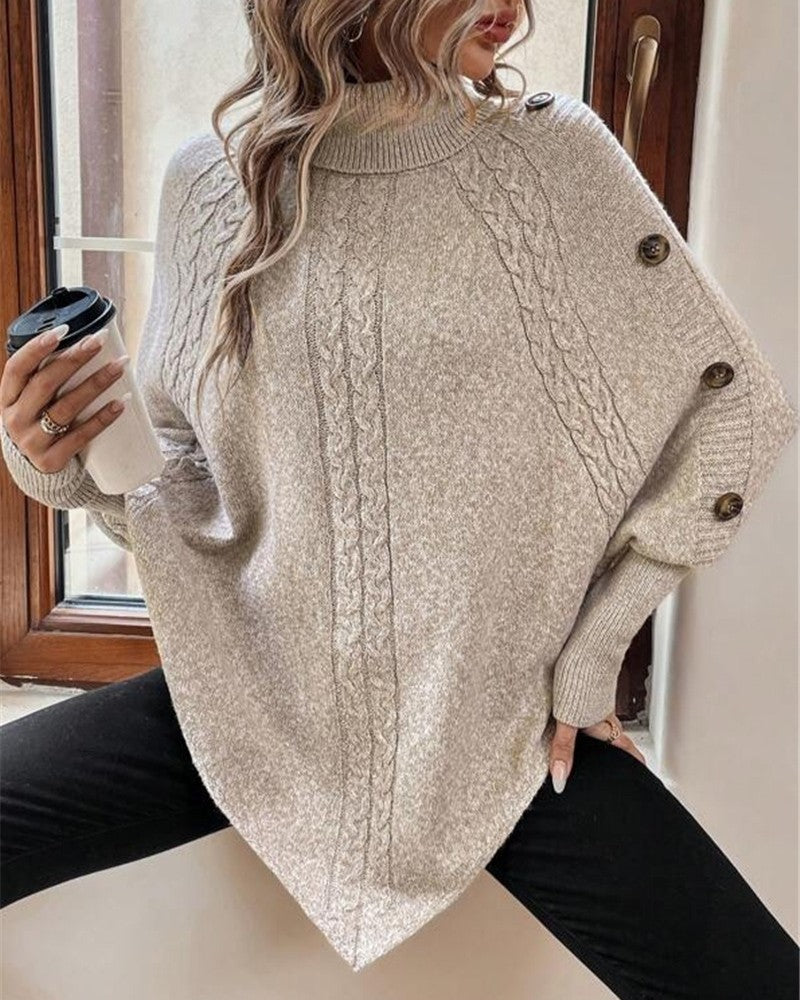 Draped Cable Knit Turtleneck Sweater - Khaki