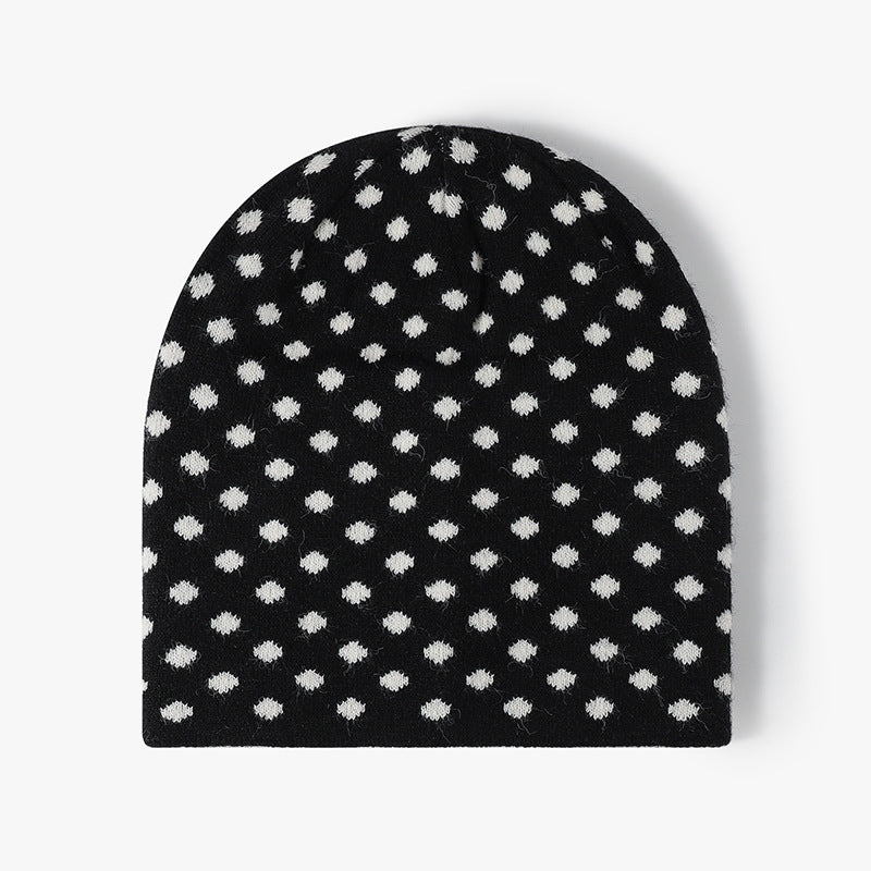 Polka Dot Jacquard Winter Beanie Hat - Black