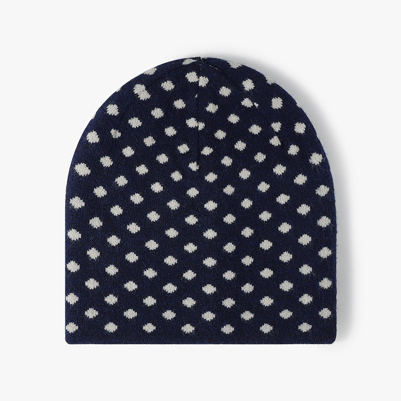 Polka Dot Jacquard Winter Beanie Hat - Navy-Blue