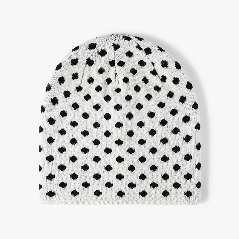 Polka Dot Jacquard Winter Beanie Hat - White