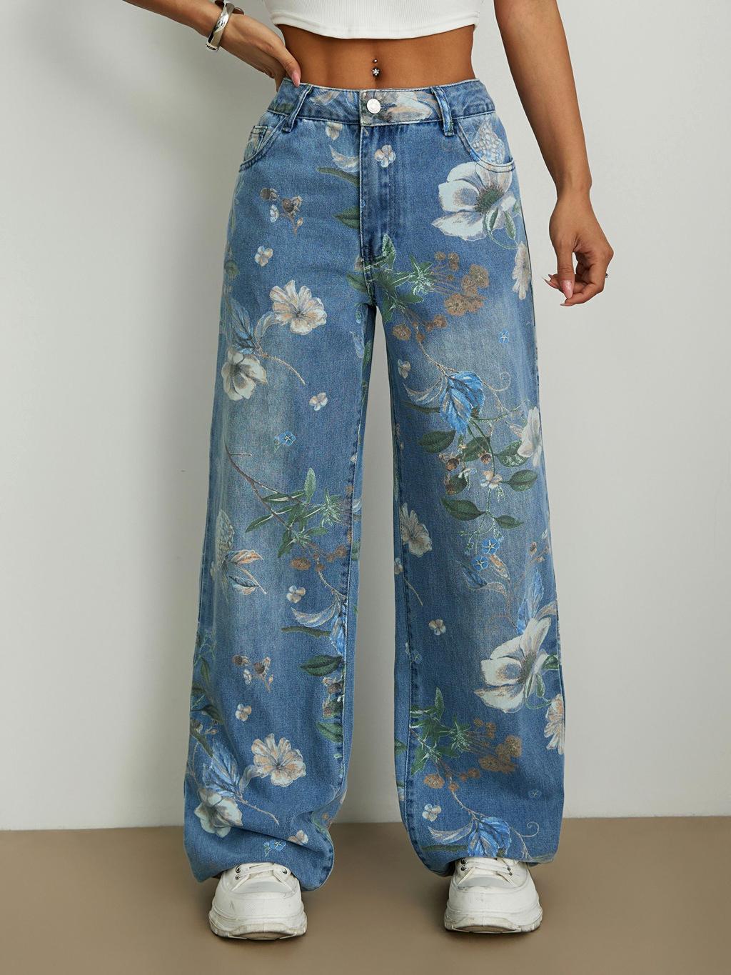 Painted Floral Baggy Wide Leg Denim Jeans - Blue