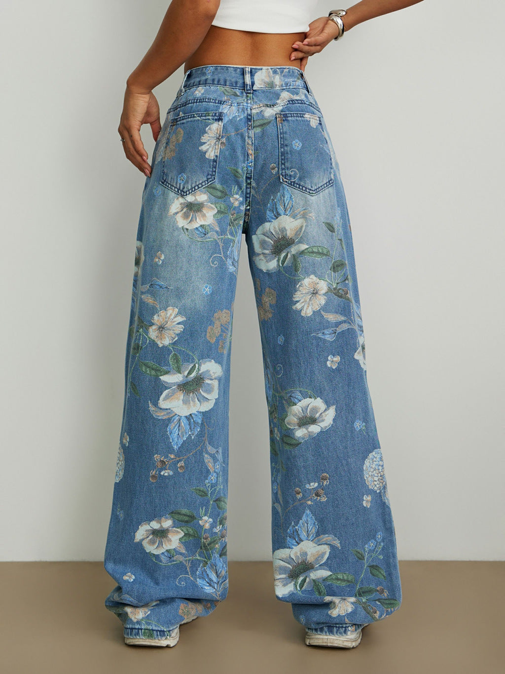 Painted Floral Baggy Wide Leg Denim Jeans - Blue - 1