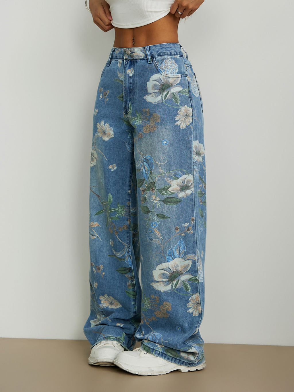 Painted Floral Baggy Wide Leg Denim Jeans - Blue - 2