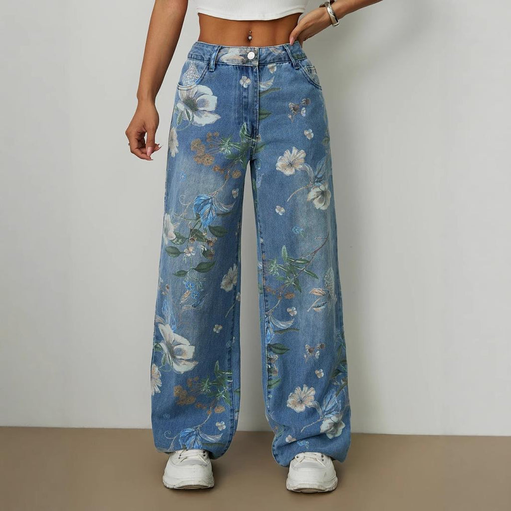 Painted Floral Baggy Wide Leg Denim Jeans - Blue - 3